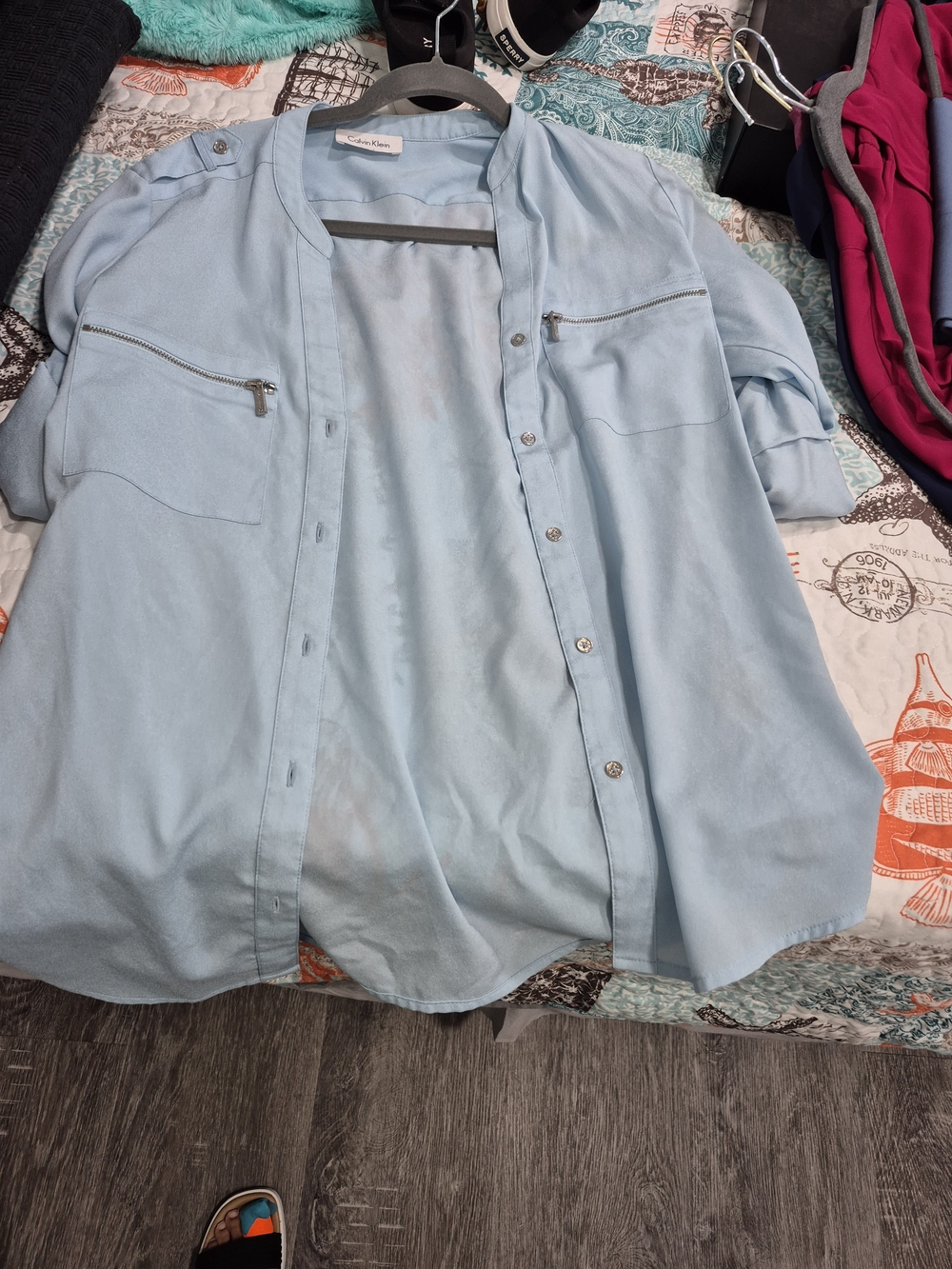 Calvin Klein Light Blue Women's Button-Down Shirt with Zip Chest Pockets